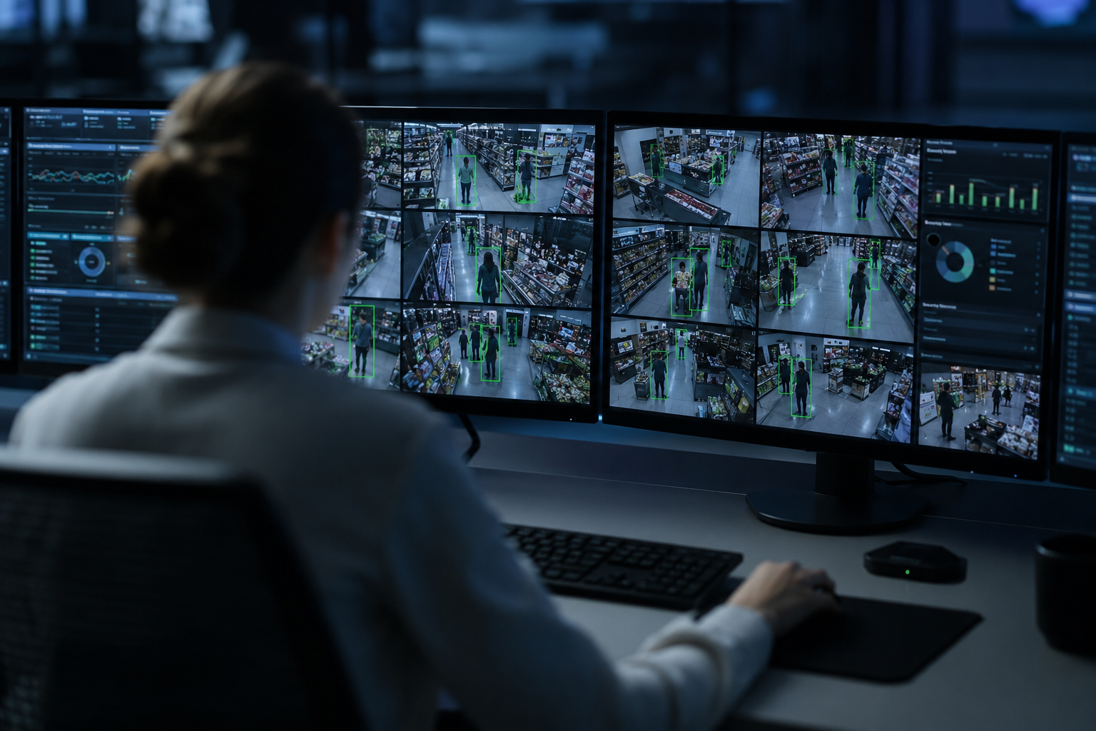 Analista monitorando feeds de câmeras com detecção de pessoas por IA